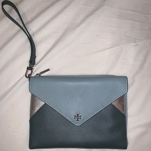Tory Burch blue wristlet wallet